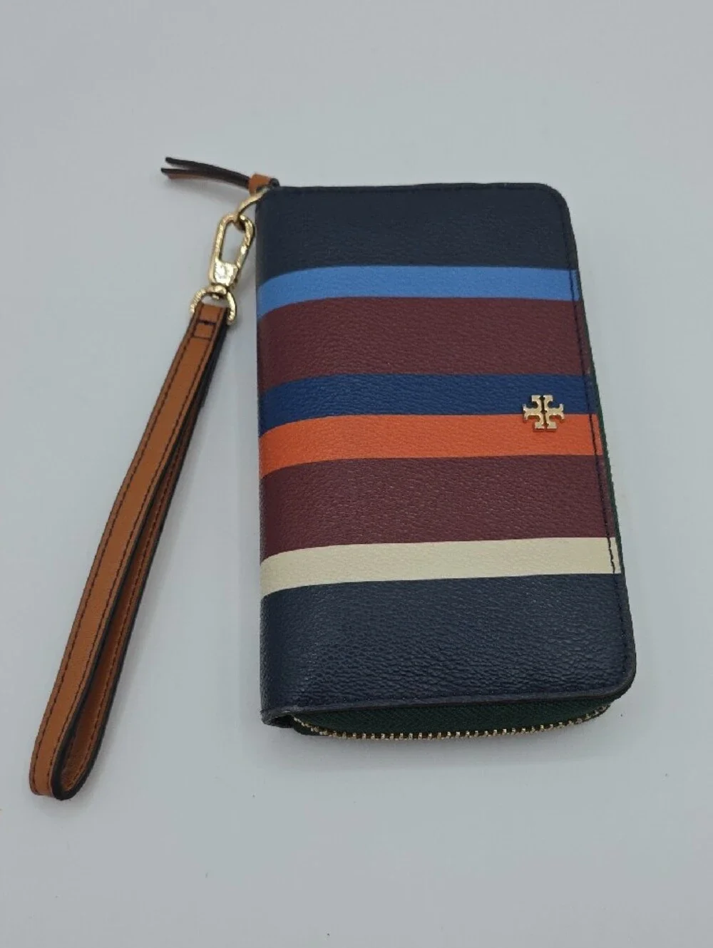 Tory Burch Navy Multicolor Stripe Zip Wristlet